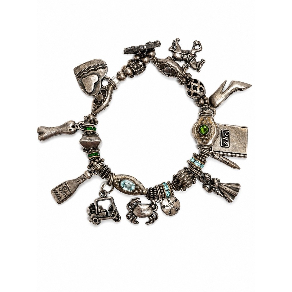 925 Sterling Silver Charm Bracelet Horse Crab Golf Cart Heart 7.25"